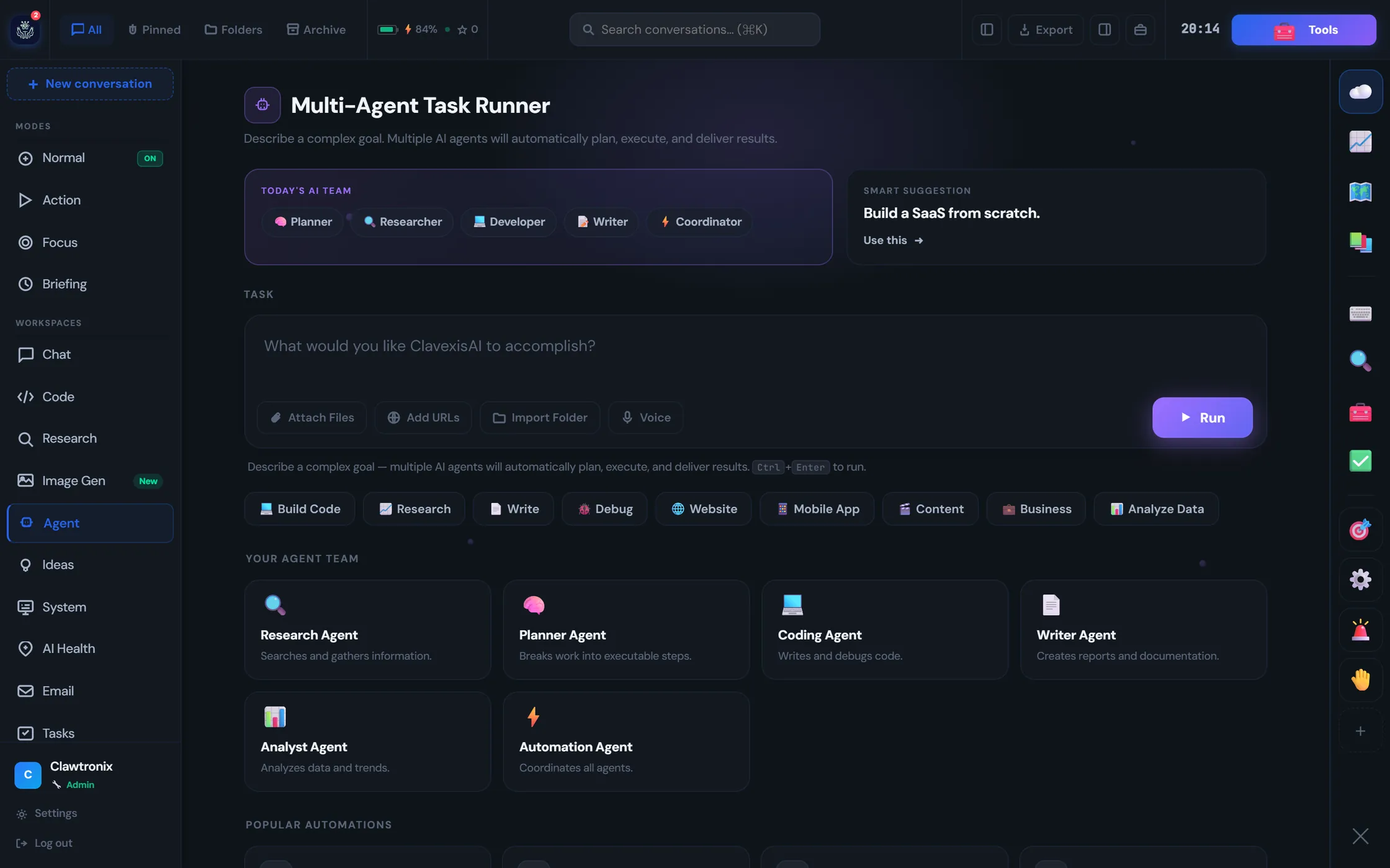Multi-Agent Task Runner showing an AI team of Planner, Researcher, Developer, Writer and Coordinator, a goal box, and agent cards for research, planning, coding, writing, analysis and automation.
