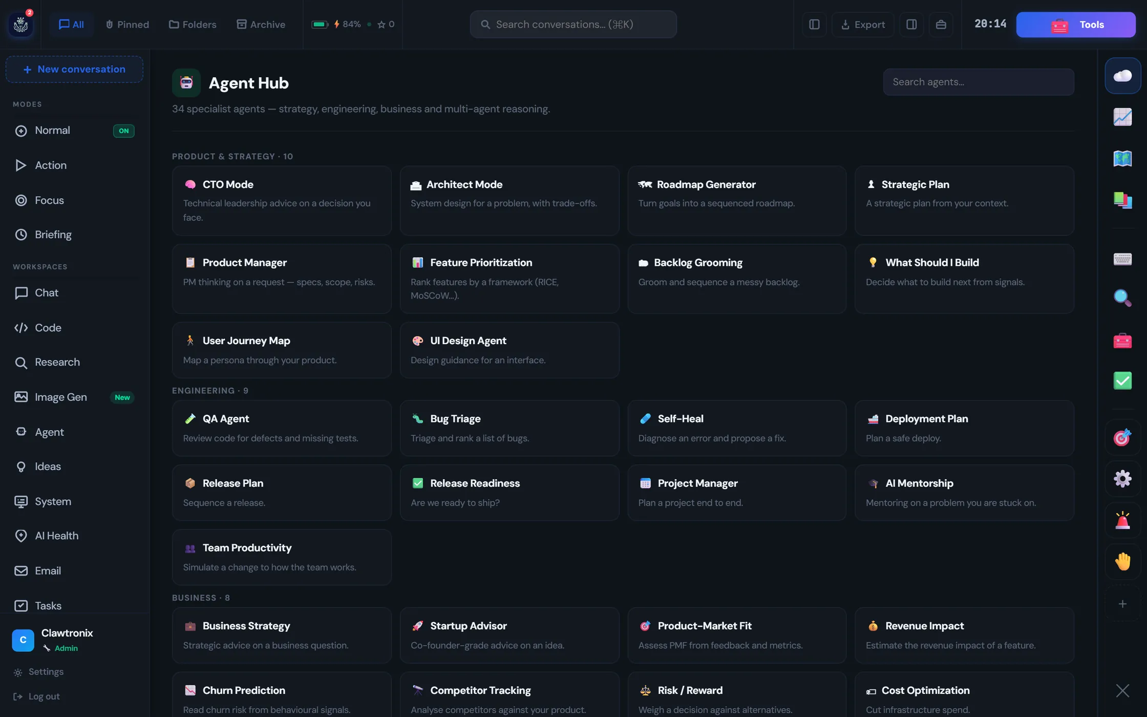 Agent Hub listing specialist agents grouped into product and strategy, engineering, and business, including CTO Mode, Architect Mode, QA Agent, Bug Triage, Release Readiness and Product-Market Fit.