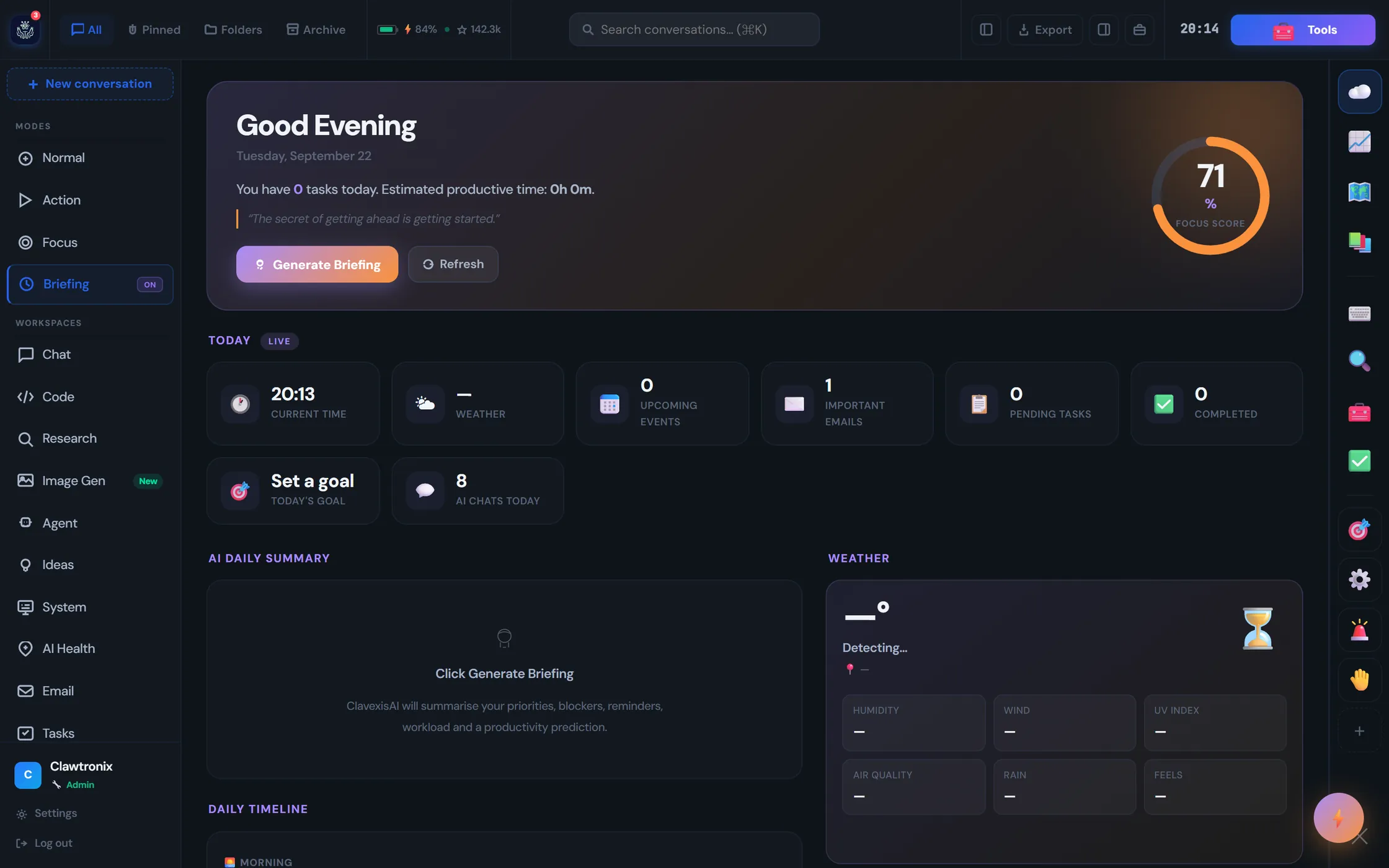 Daily briefing with a productivity score ring, current time, upcoming events, pending tasks, a goal setter, an AI daily summary panel and a weather panel.