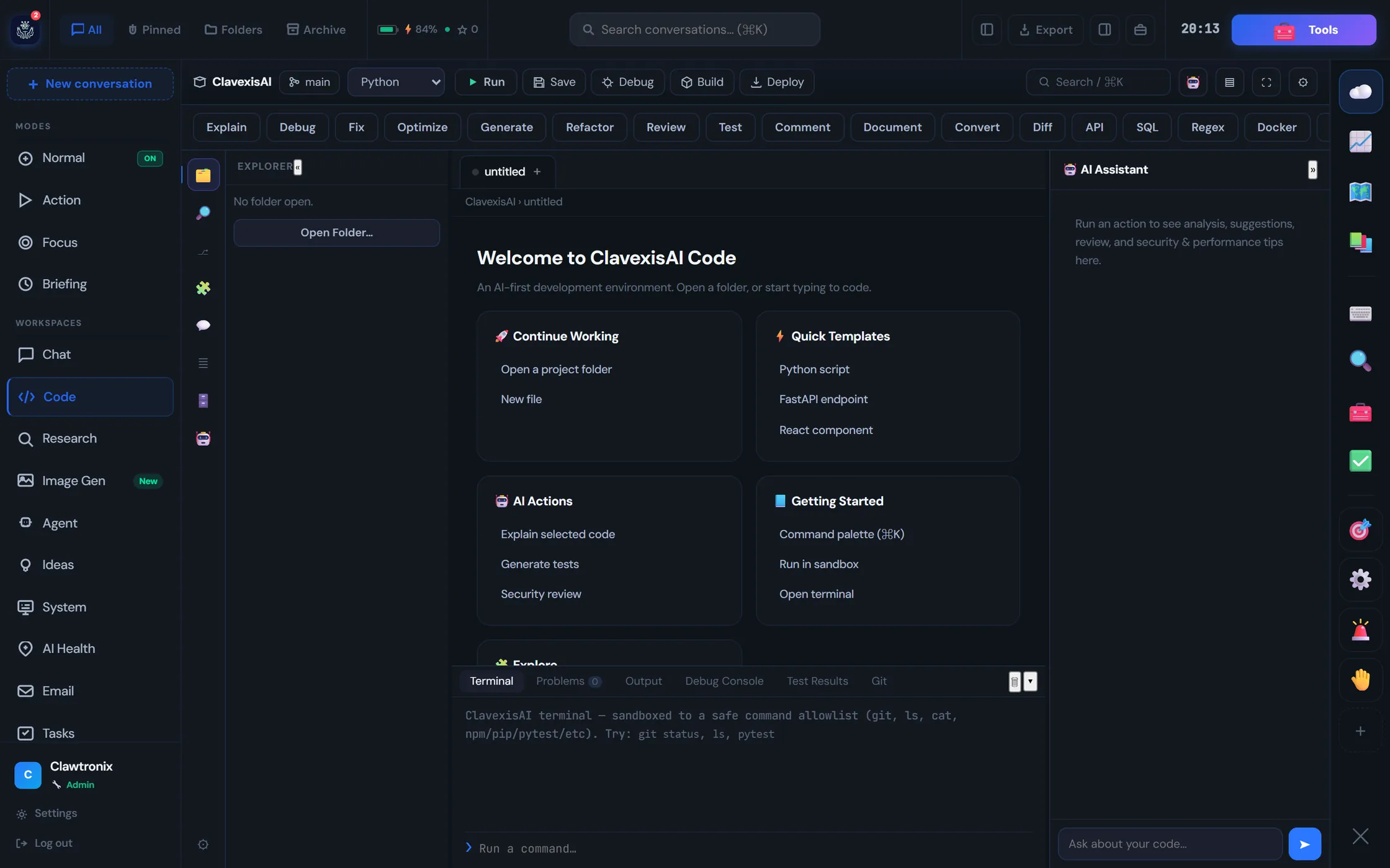 Code workspace showing a file explorer, editor tabs, an AI assistant panel, a sandboxed terminal, and an action bar with Explain, Debug, Fix, Refactor, Review, Test and Security Scan.