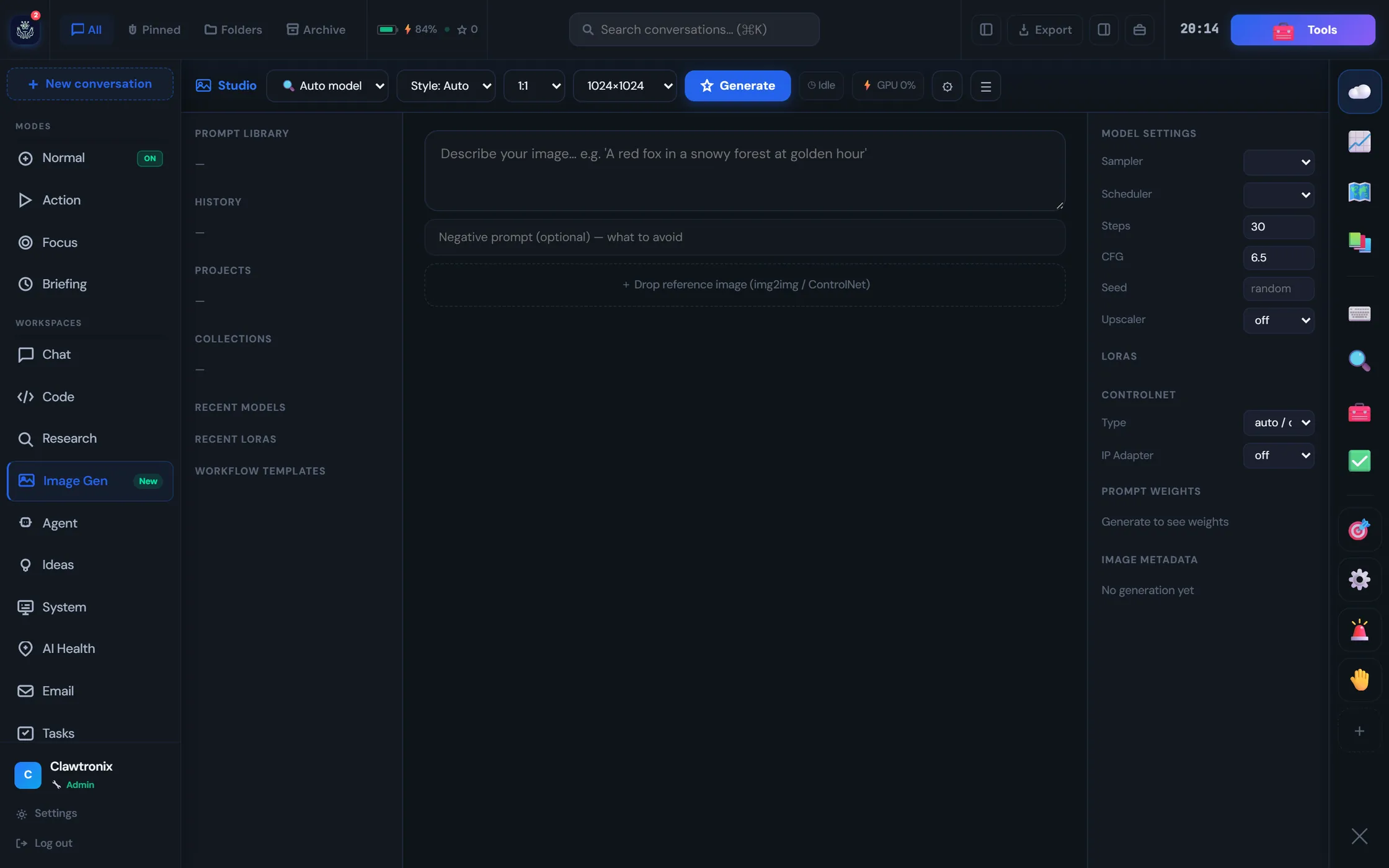 Image studio with prompt and negative prompt fields, a reference image drop zone, and model settings for sampler, scheduler, steps, CFG, seed, upscaler, LoRAs and ControlNet.