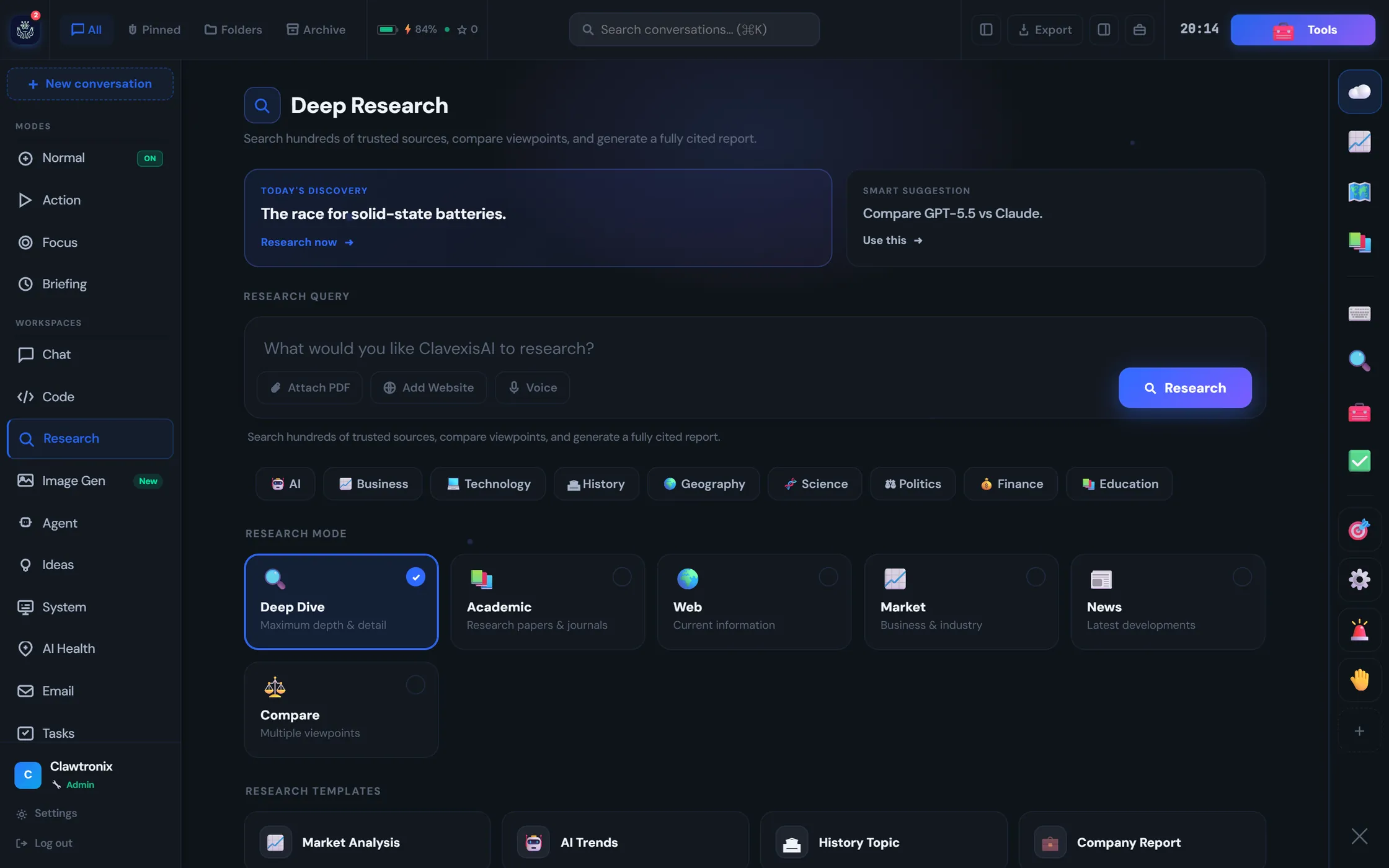 Deep Research workspace with a query box, research modes including Deep Dive, Academic, Web, Market, News and Compare, and templates for market analysis and company reports.