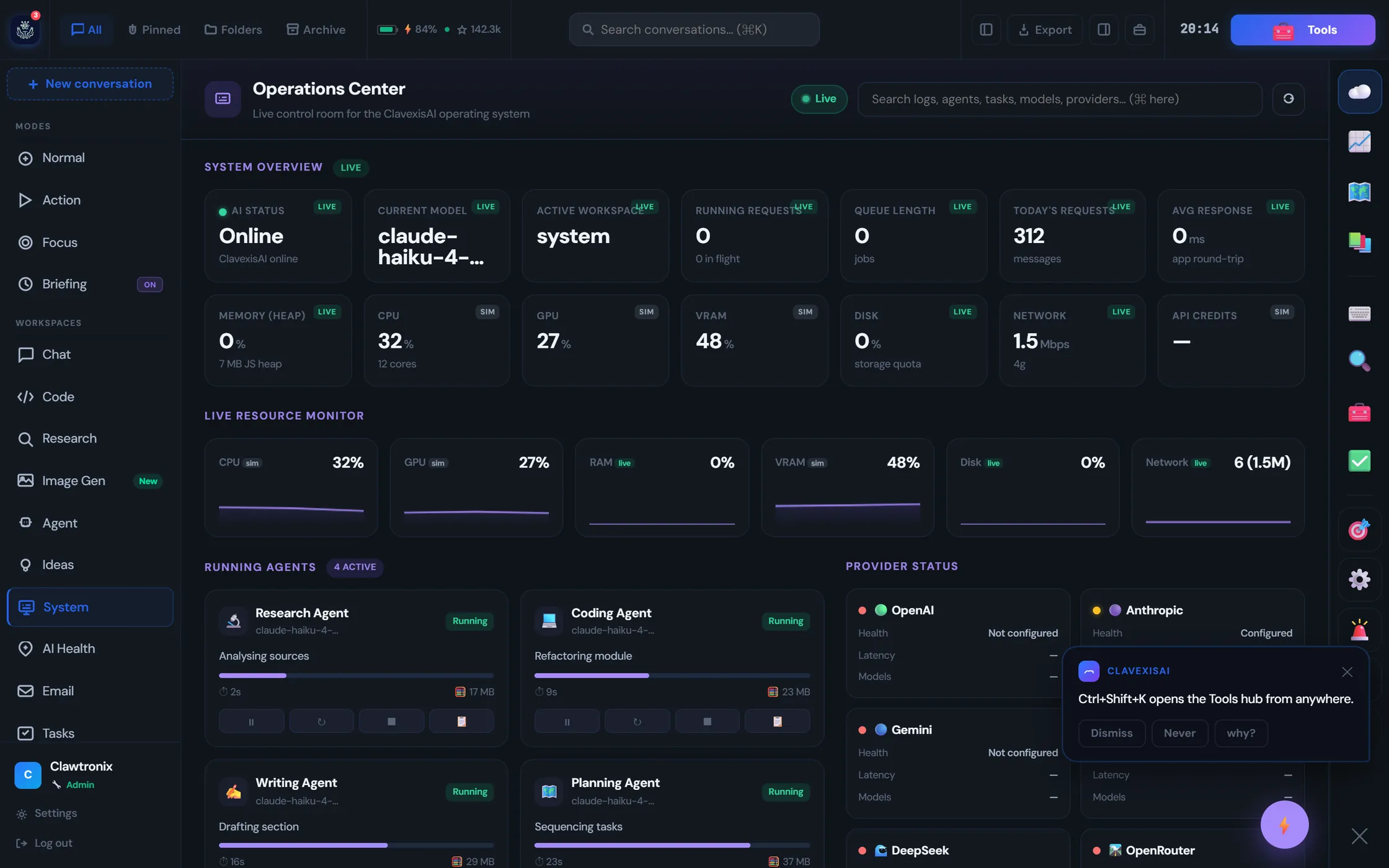 Operations Center showing system status, the active model, request counts, memory and CPU monitors, running agents with their current step, and provider status for several model providers.